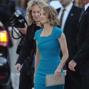 Jodie Foster wears blue on the red carpet for 'Elysium' in Westwood, CA
