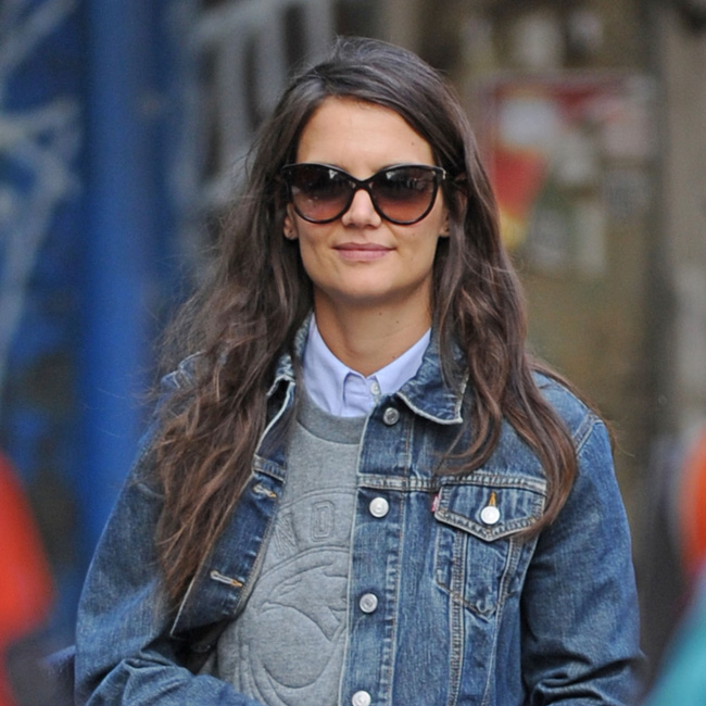 Katie Holmes wears denim jacket and jeans in New York City